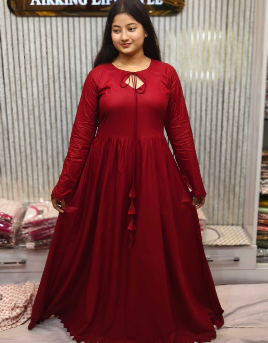 Premium Solid Color Full Flared Cotton Anarkali Gown / Maxi Dress with Tie-Up Neck
