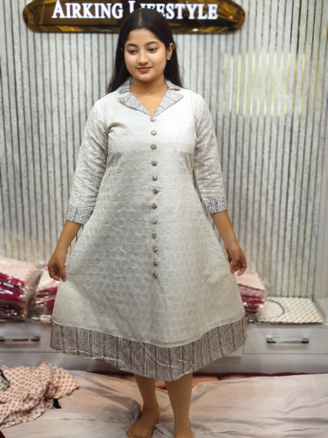 Women's Premium White Cotton Hakoba Kurti with Pocket & Collar Neck
