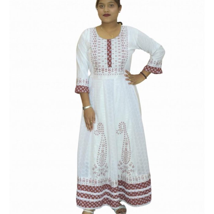 Women’s White Embroidered Long Anarkali Kurti for Festive & Party Wear