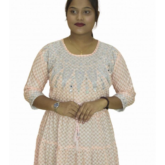 Elegant Peach Soft Cotton Printed Long Anarkali Kurti for Women | Embroidered Yoke | Premium Ethnic Daily & Festive Wear