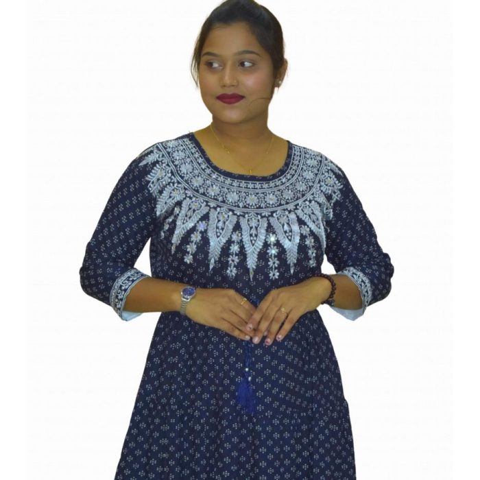 Navy Blue Embroidered Cotton Kurti for Women