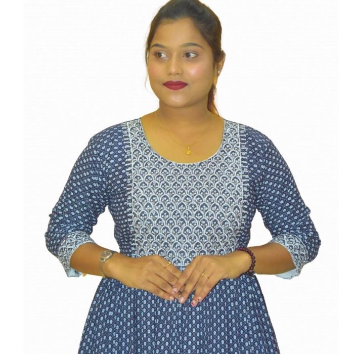 Blue Anarkali Style Printed Long Gown for Women